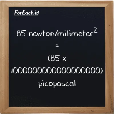 85 newton/milimeter<sup>2</sup> is equivalent to 85000000000000000000 picopascal (85 N/mm<sup>2</sup> is equivalent to 85000000000000000000 pPa)